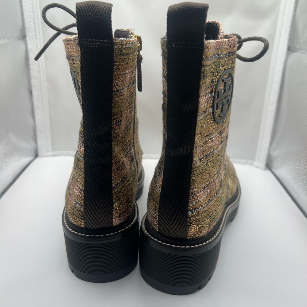 TORY BURCH MILLER 50MM LUG SOLE BOOT ROSEGOLD METALLIC TWEED BROWN LOGO - Picture 7 of 12